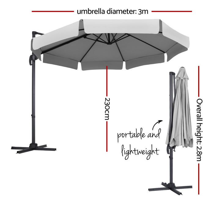 3M Outdoor Umbrella Cantilever 360 Degree Tilt Beach Roma Grey