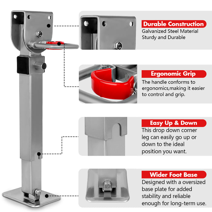 4X 440Mm Drop Down Corner Legs Steadies Handle Steel Foot Caravan Trailer Silver