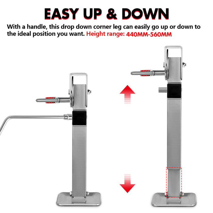 4X 440Mm Drop Down Corner Legs Steadies Handle Steel Foot Caravan Trailer Silver