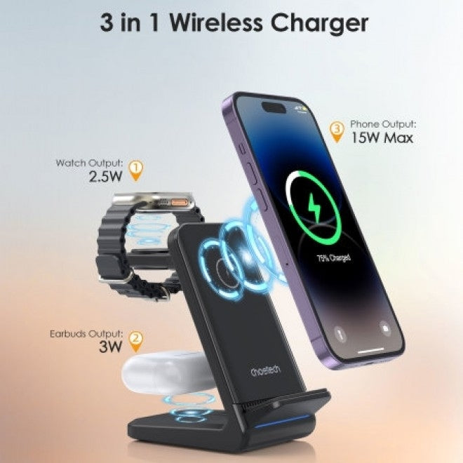 T608-F-Bk 15W 4-In-1 Wireless Charger Stand For Iwatch And Samsung Watch Black