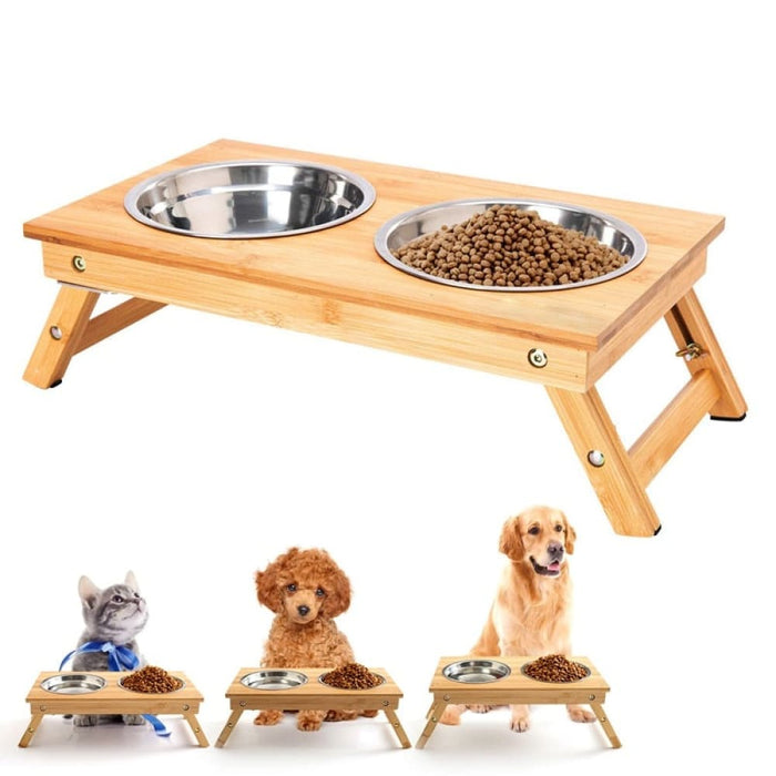 Anti - skidding Adjustable Bamboo Pet Feeder Double Dog