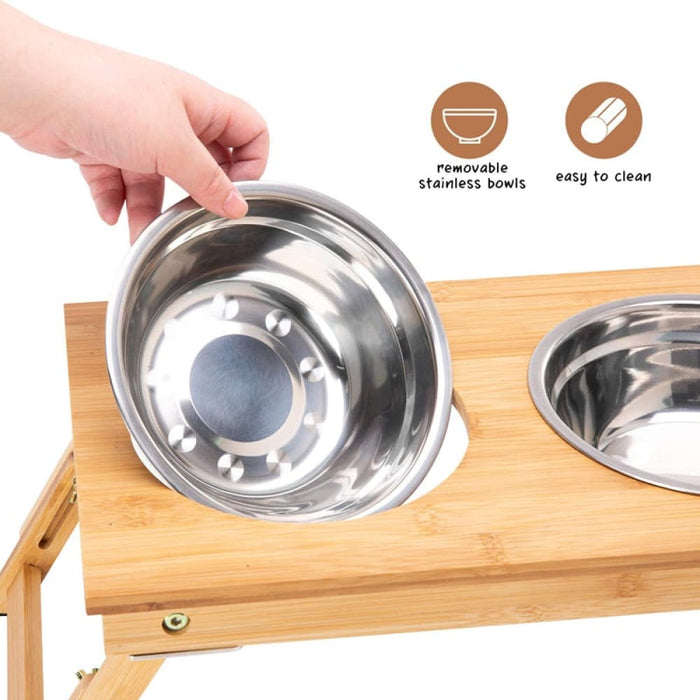 Anti - skidding Adjustable Bamboo Pet Feeder Double Dog