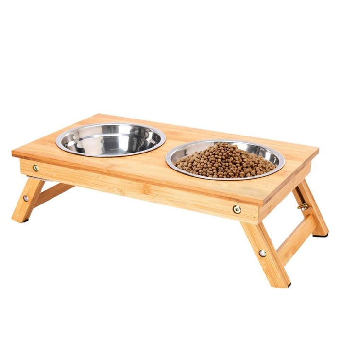 Anti - skidding Adjustable Bamboo Pet Feeder Double Dog