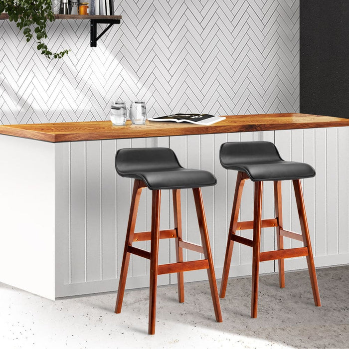 Artiss Set Of 2 Pu Leather Wood Wave Style Bar Stool - Black