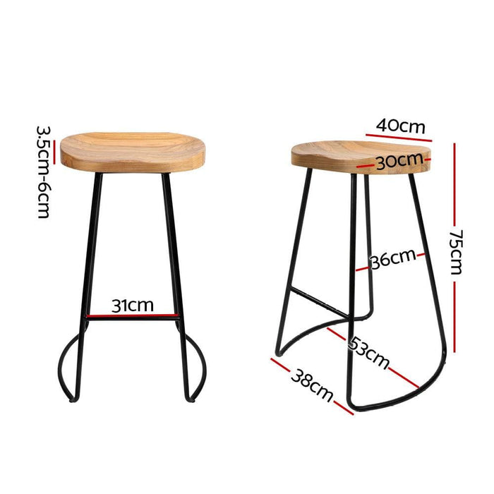 Artiss Set Of 2 Elm Wood Backless Bar Stools 75cm - Black