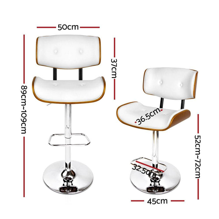 Artiss Set Of 2 Wooden Gas Lift Bar Stool - White And Chrome