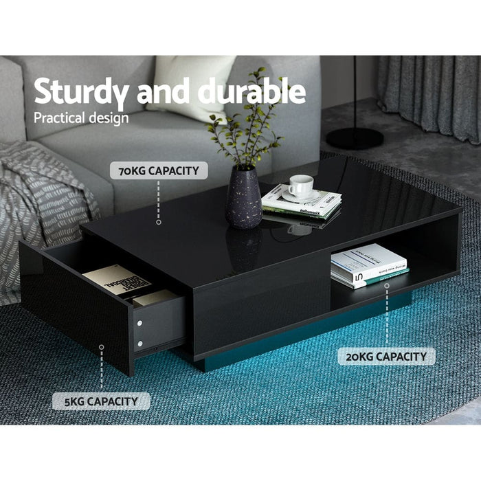 Artiss Coffee Table Led Lights High Gloss Storage Drawer