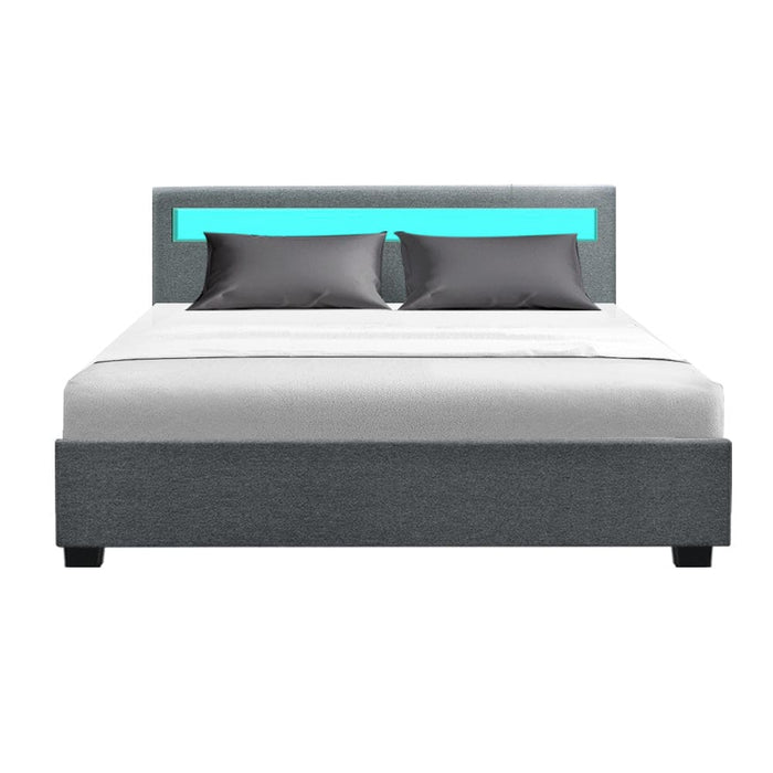 Artiss Cole Led Bed Frame Fabric Gas Lift Storage - Grey