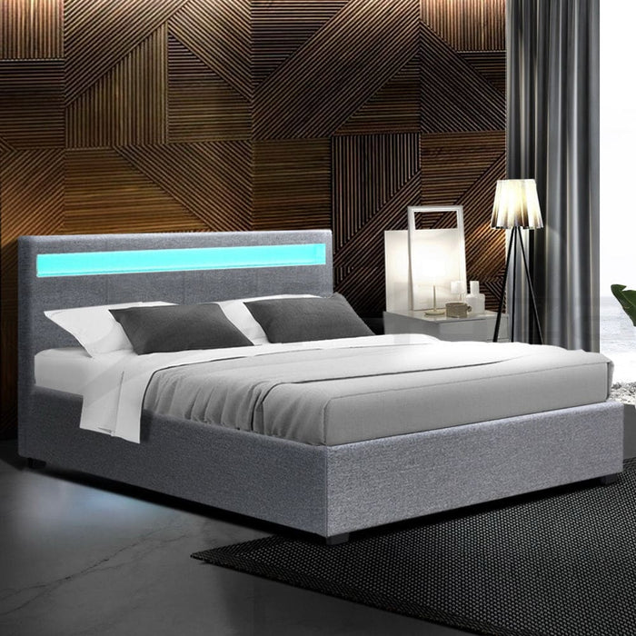 Artiss Cole Led Bed Frame Fabric Gas Lift Storage - Grey
