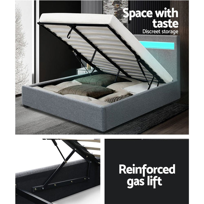 Artiss Cole Led Bed Frame Fabric Gas Lift Storage - Grey