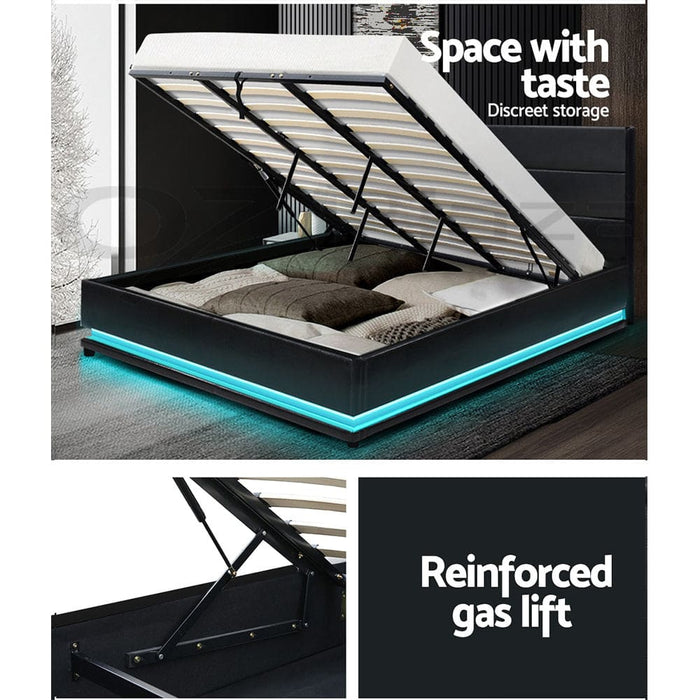 Artiss Lumi Led Bed Frame Pu Leather Gas Lift Storage