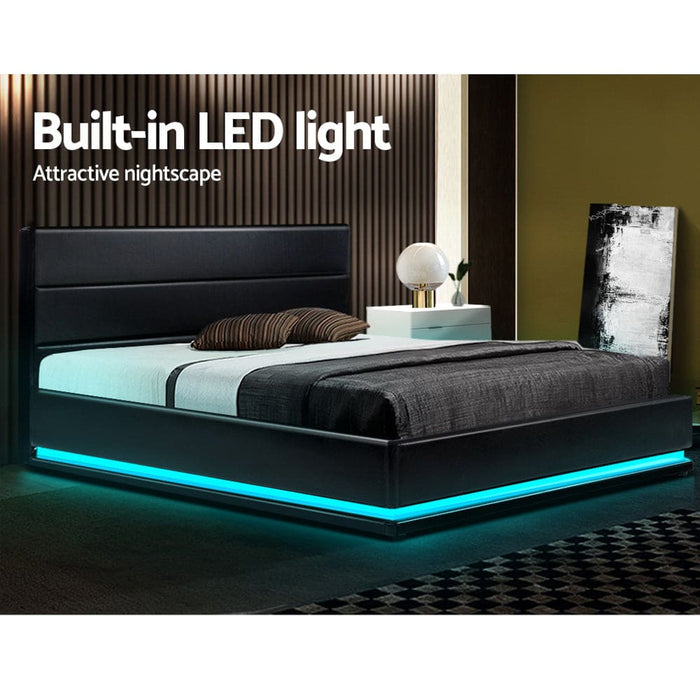 Artiss Lumi Led Bed Frame Pu Leather Gas Lift Storage