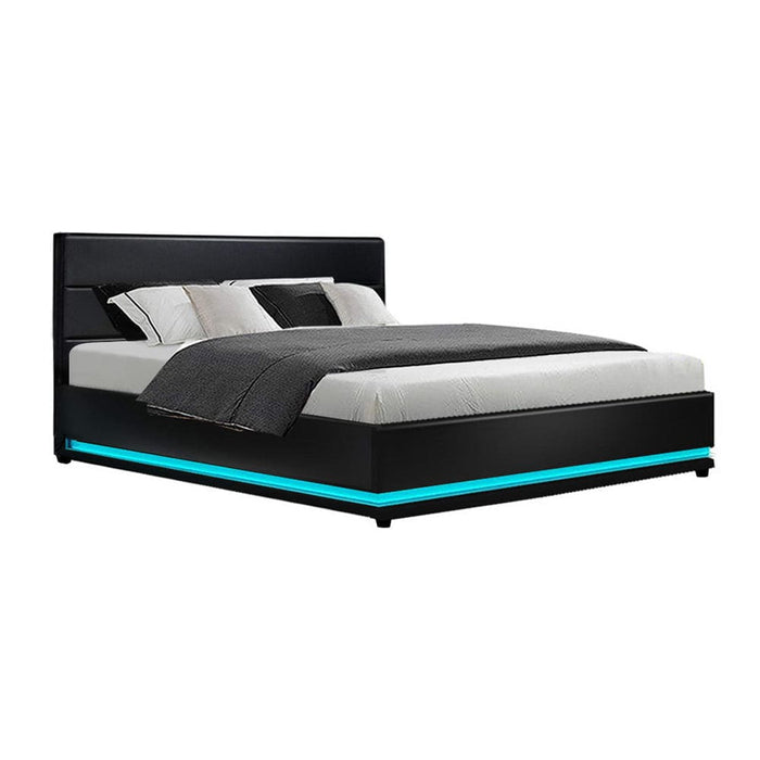 Artiss Lumi Led Bed Frame Pu Leather Gas Lift Storage