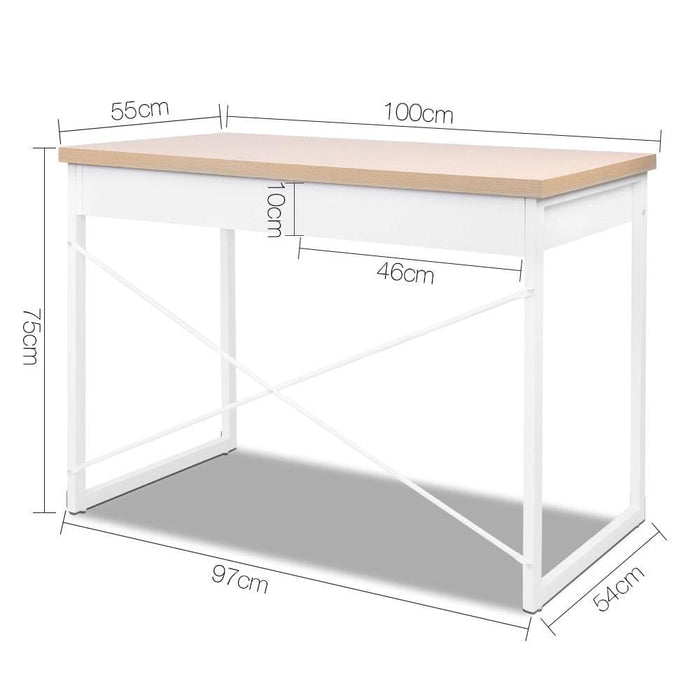 Artiss Metal Desk With Drawer - White Wooden Top