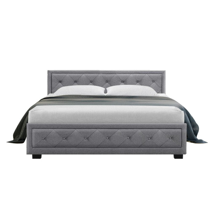 Artiss Tiyo Bed Frame Fabric Gas Lift Storage - Grey Queen