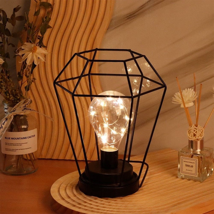 Battery Powered Hanging Diamond Metal Cage Lamp With Hook