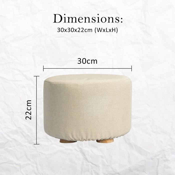 Beige Fabric Ottoman Round Wooden Leg Foot Stool