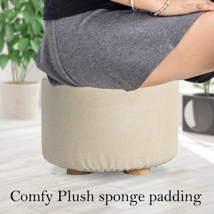 Beige Fabric Ottoman Round Wooden Leg Foot Stool