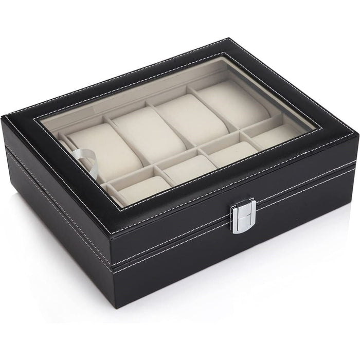 Black Pu Leather Watch Organizer Display Storage Box Cases