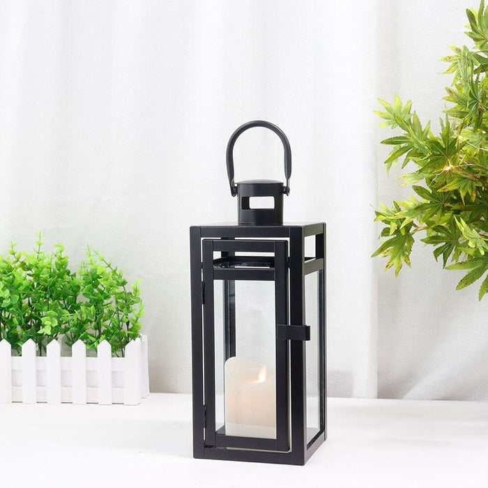 Black Metal Candle Lanterns Hanging With Tempered Glass