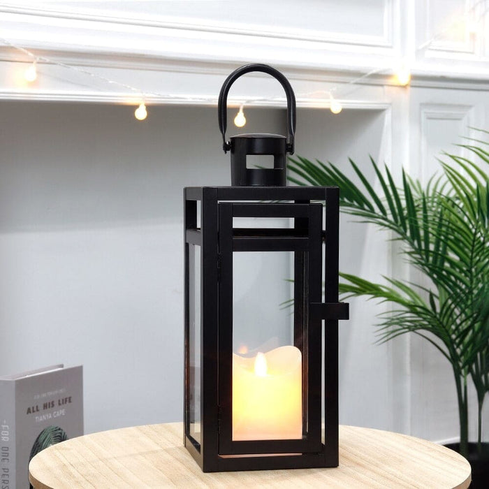 Black Metal Candle Lanterns Hanging With Tempered Glass