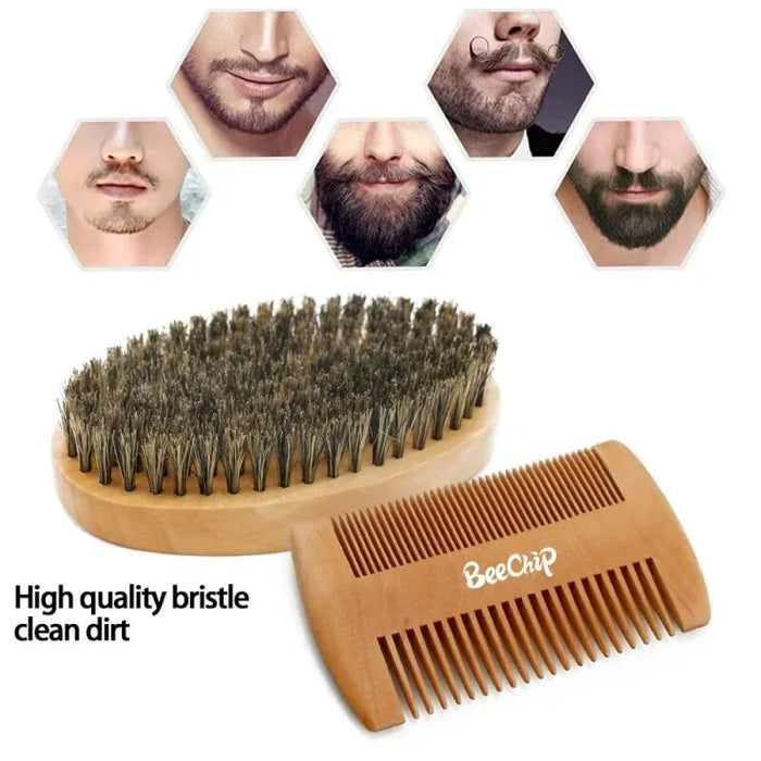 Boar Bristle Beard Brush And Comb Set With Bag