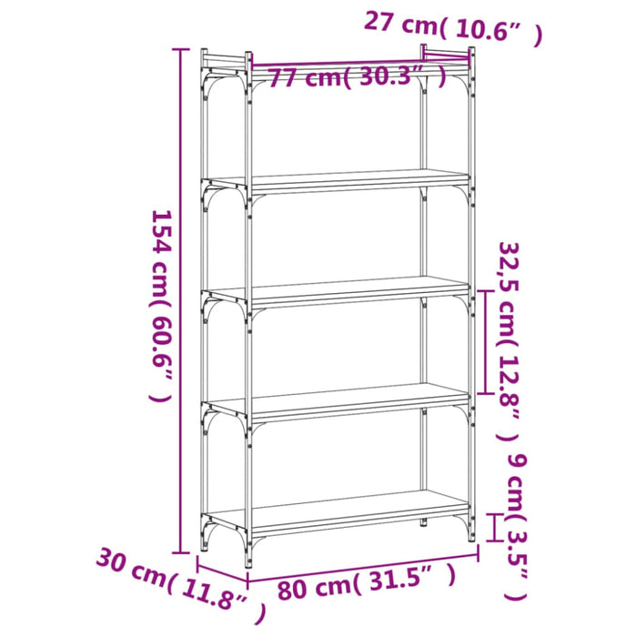 Bookcase 5-tier Black 80x30x154 Cm Engineered Wood Ntilii