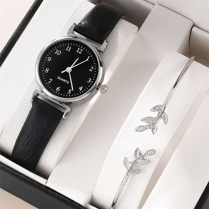 Bracelet Quartz Watch Women Set White Dial Simple Leather