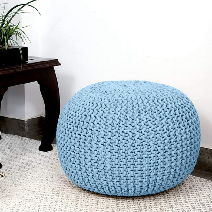 Braided Ottoman Pouffe Footstool Hand Knitted Blue