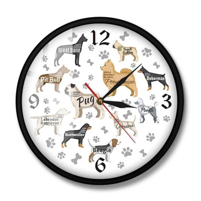 Dog Breeds Printed Wall Clock Paws Bones Puppy Dogs Modern