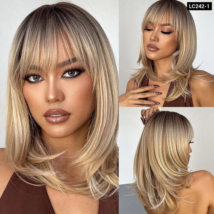 Brown Blonde Ombre Short Bob Wig With Bangs