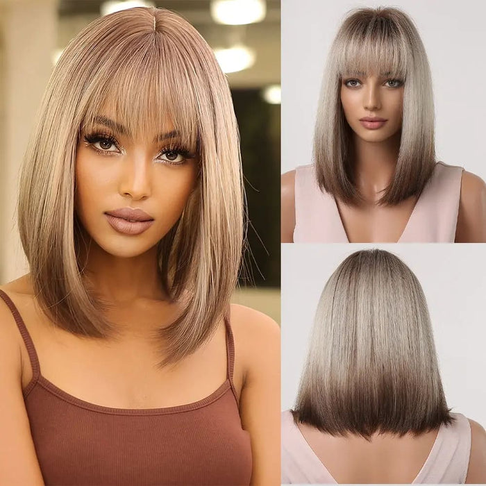 Brown Blonde Ombre Short Bob Wig With Bangs