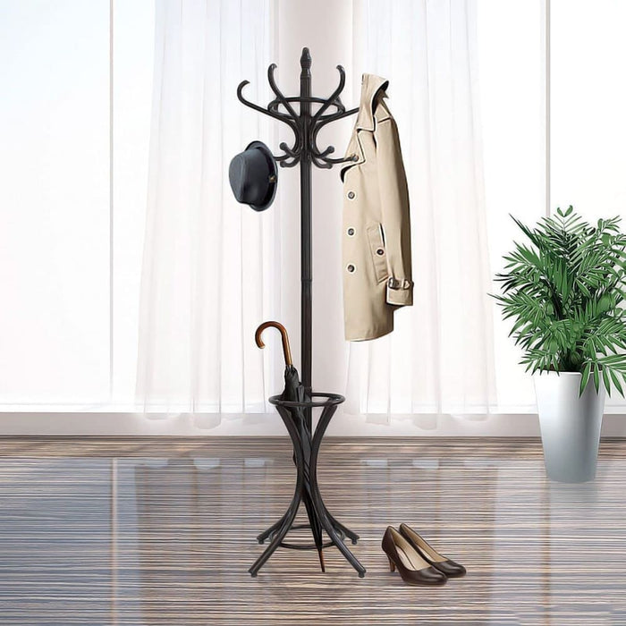 Brown Coat Rack With Stand Wooden Hat And 12 Hooks Hanger