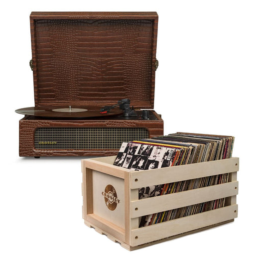 Brown Croc Bluetooth Turntable With Record Crate