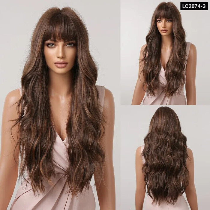 Brown Mixed Blonde Synthetic Wavy Wig With Bang