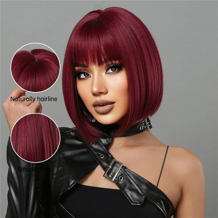 Burgundy Bob Wig With Thick Bangs