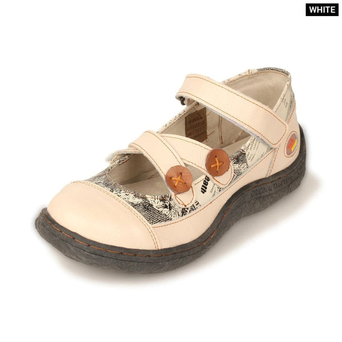 Button Criss Cross Strap Leather Womens Flat Shoes