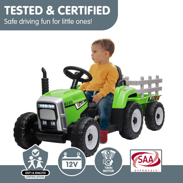 MX-611 Kids Electric Ride On Tractor Trailer Car Green Grey