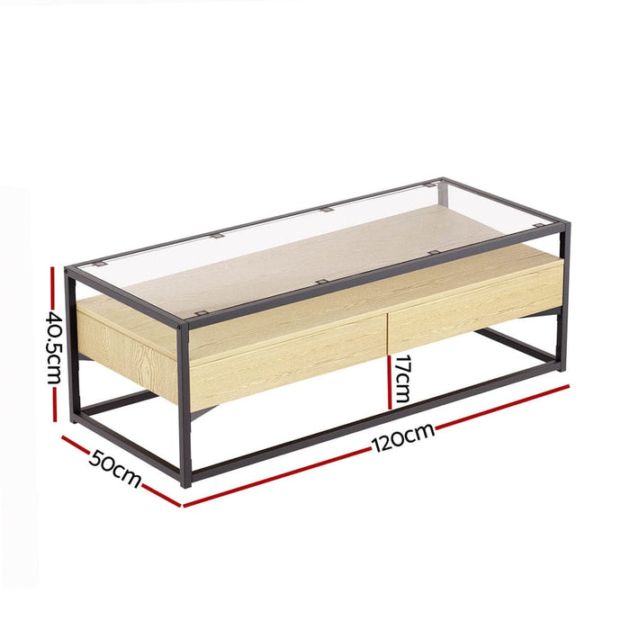 Coffee Table 2 Drawers Glass Tabletop Pine