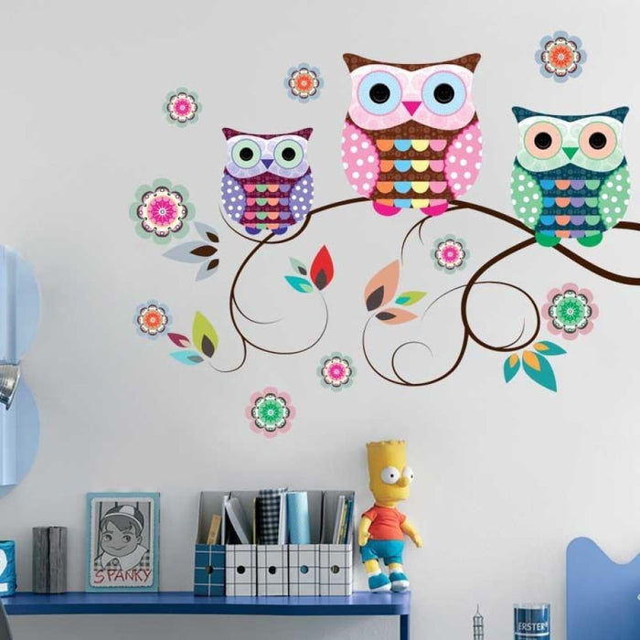 Colourful Owls On The Tree Branches Wall Stickers For Kids