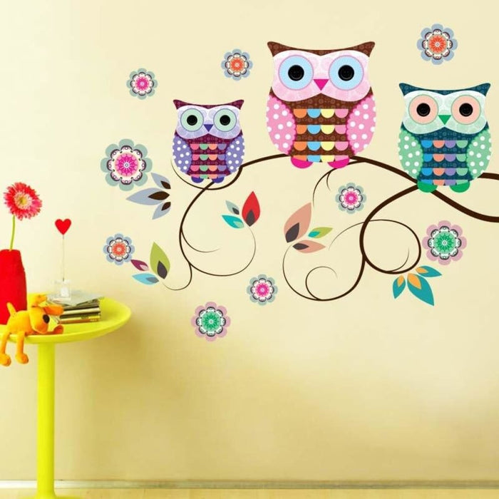 Colourful Owls On The Tree Branches Wall Stickers For Kids