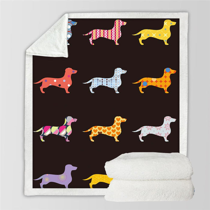 Dachshund Sherpa Fleece Blanket Cartoon Colourful Plush