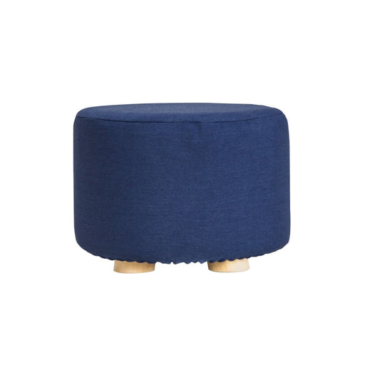 Dark Blue Fabric Ottoman Round Wooden Leg Foot Stool