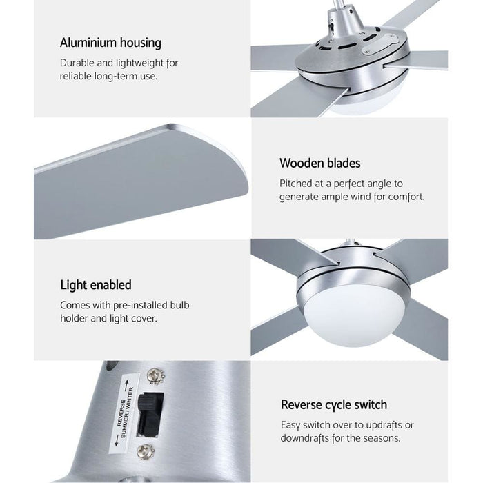 Devanti 52’’ Ceiling Fan w Light Remote Timer - Silver