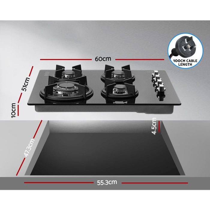 Devanti Gas Cooktop 60cm 4 Burner Glass Cook Top Cooker