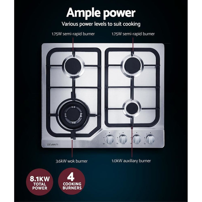 Devanti Gas Cooktop 60cm Stove Cooker 4 Burner Cook Top