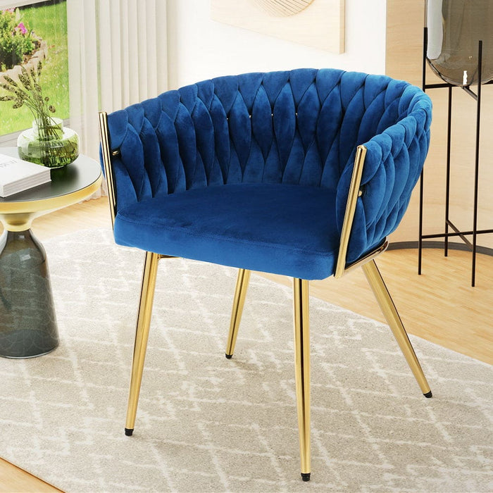 Dining Chair Cafe Velvet Upholstered Woven Back Armrest Blue