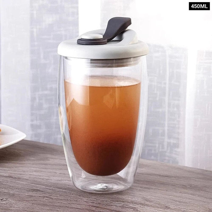 Double Glass Coffee Mug With Lid