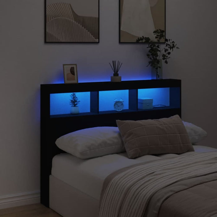 Double Size Headboard Cabinet With Led Black 140x17x102 Cm