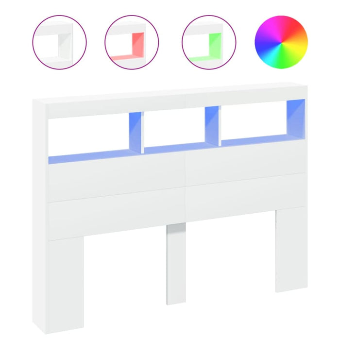 Double Size Headboard Cabinet With Led White 140x17x102 Cm